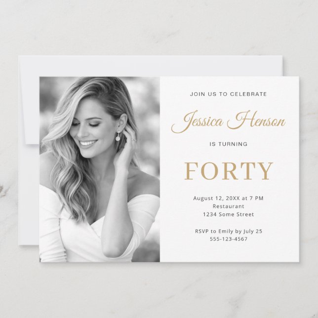 Invitation Elegant Photo Gold Script Minimal 40th Birthday (Devant)