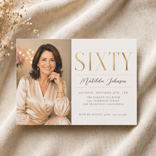 Invitation Élégant Photo Or 60e Anniversaire (Elegant Photo Gold 60th Birthday Invitation)