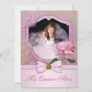 Invitation Élégant Photo Rose papillon rose Quinceanera