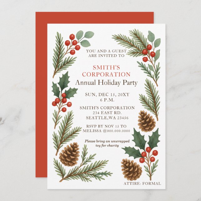 Invitation Elegant Pine Berries Corporate Holiday Party  (Devant / Derrière)