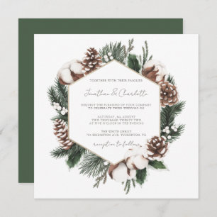 Invitation Elégant Pine & Coton Mariage d'hiver