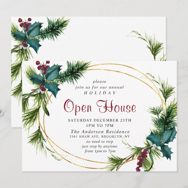 Invitation Elegant Pine Holly Christmas Holiday Open House (Devant / Derrière)
