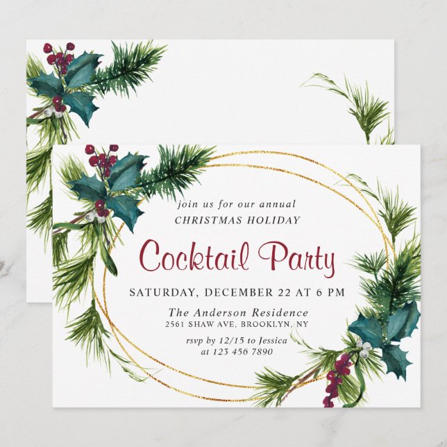Invitation Élégant Pine Noël Fête Cocktail (Devant / Derrière)