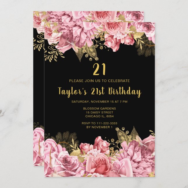 Invitation Elegant Pink and Gold Flowers Birthday Party (Devant / Derrière)