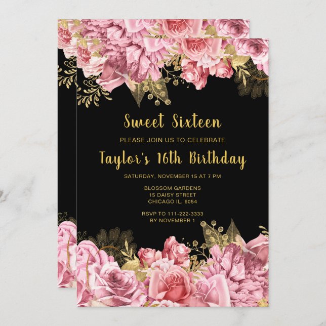 Invitation Elegant Pink and Gold Flowers Sweet Sixteen (Devant / Derrière)