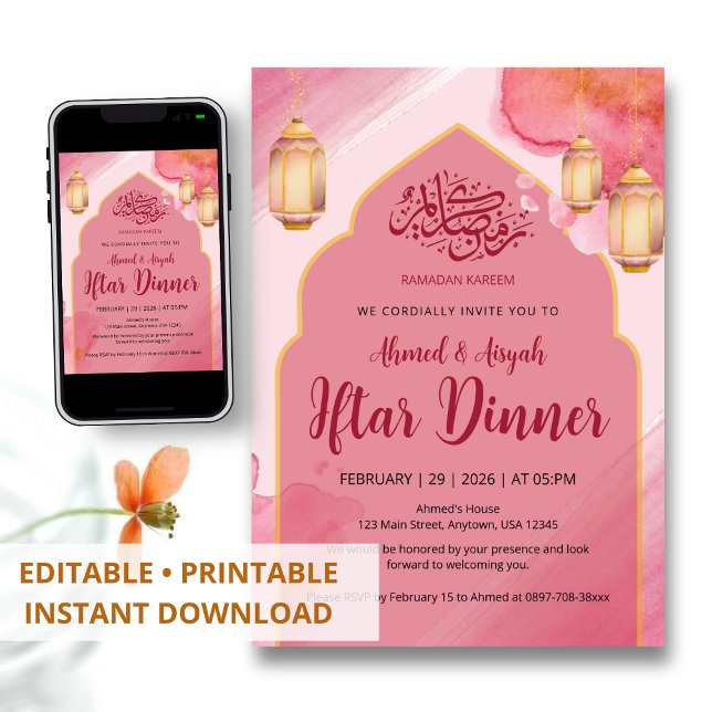 Invitation Elegant Pink and Gold Watercolor Arch Iftar Dinner (Créateur téléchargé)