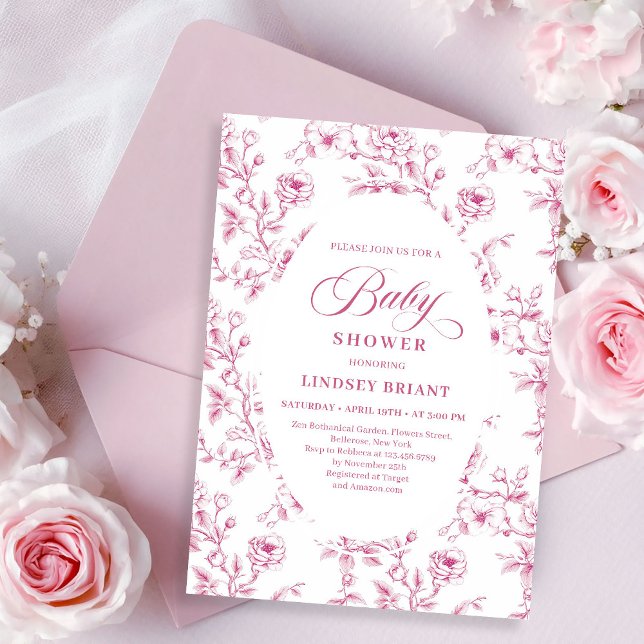 Invitation Elegant Pink and White Rose Pattern Baby Shower   (Elegant Pink and White Rose Pattern Baby Shower Invite)