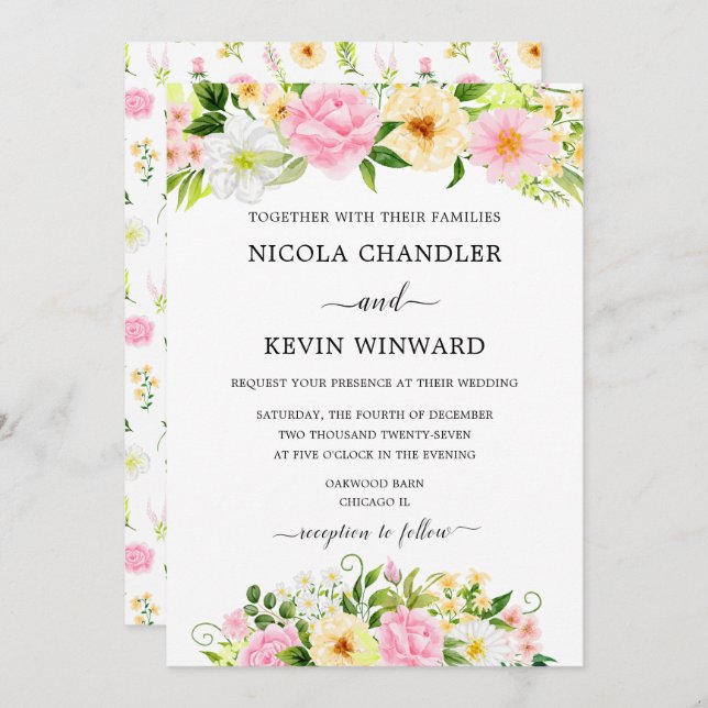 Invitation Elegant Pink and Yellow Floral Wedding (Devant / Derrière)