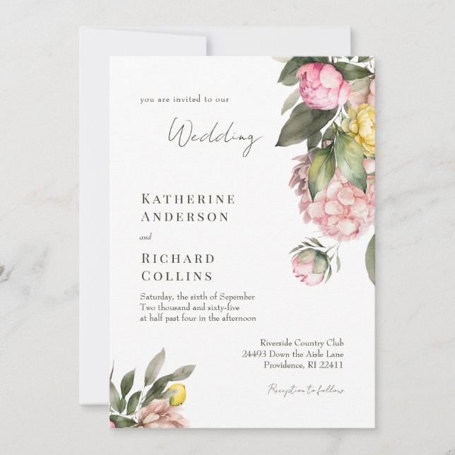 Invitation Elegant Pink and Yellow Peonies Wedding (Devant)
