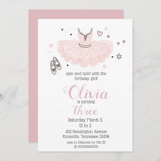 Invitation Elegant Pink Ballerina Birthday (Devant / Derrière)