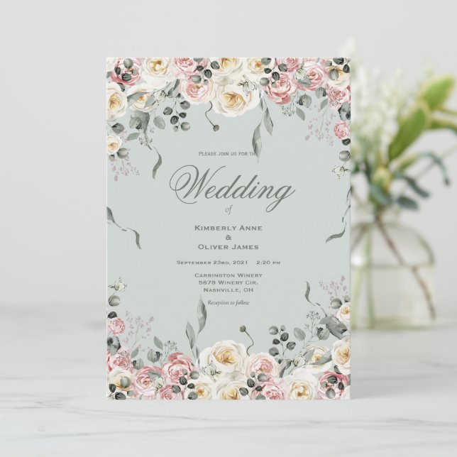Invitation Elegant Pink Bliush Ivory Floral Wedding (Debout devant)