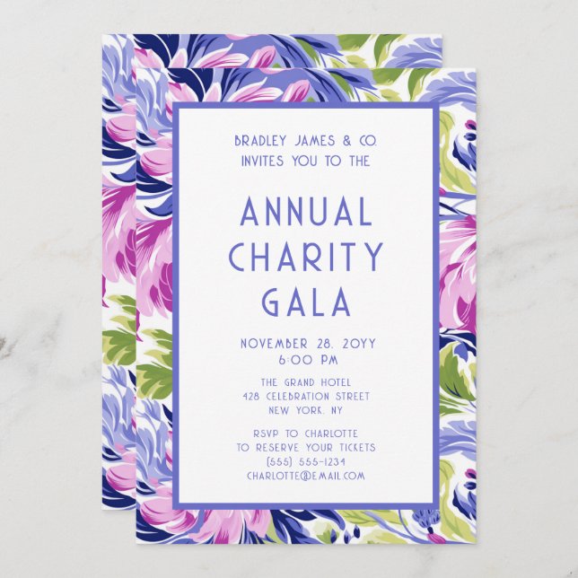 Invitation Élégant Pink Blue Floral Charity Event Gala Party (Devant / Derrière)
