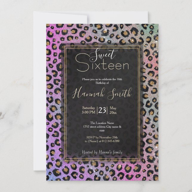 Invitation Elegant Pink Blue Gold Glitter Black Leopard (Devant)