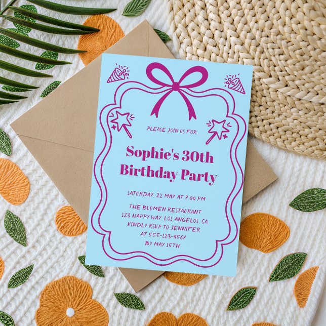 Invitation Elegant Pink & Blue Ribbon Frame Birthday Party (Créateur téléchargé)