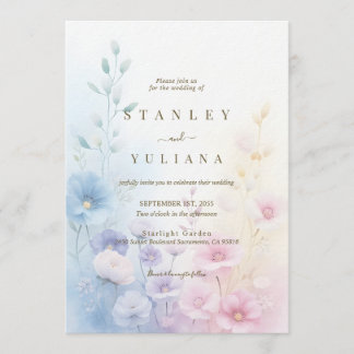 Invitation Elegant Pink Blue Watercolor Soft Floral Fine Art 