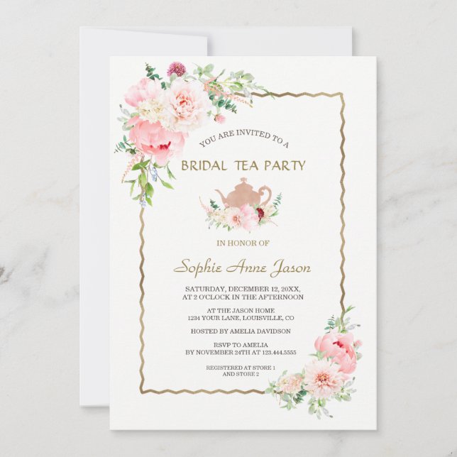 Invitation Elegant Pink Blush Flowers Gold Bridal Tea Party (Devant)
