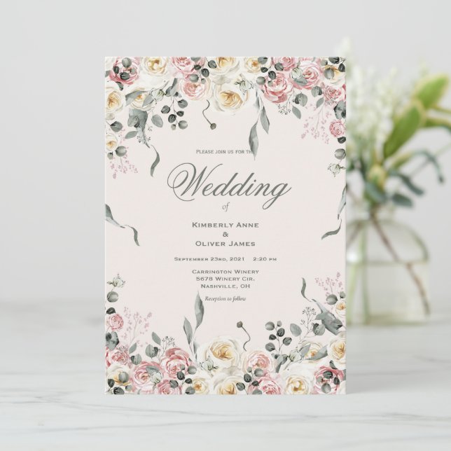 Invitation Elegant Pink Blush Ivory Floral Wedding (Debout devant)