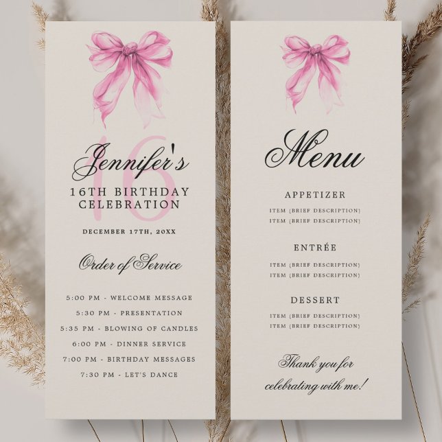Invitation Elegant Pink Bow 16th Birthday Party Program Menu (Elegant Pink Bow 16th Birthday Party Program Menu)