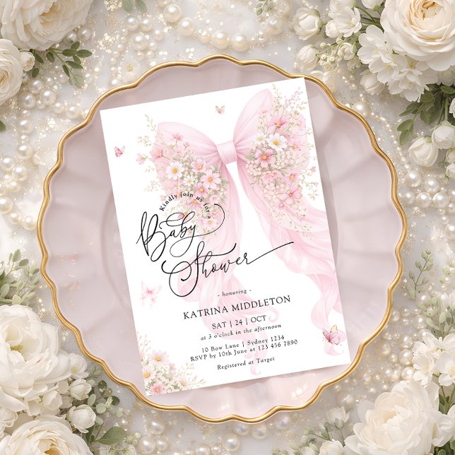 Invitation Elegant Pink Bow Bloom Butterfly Baby Shower (Créateur téléchargé)