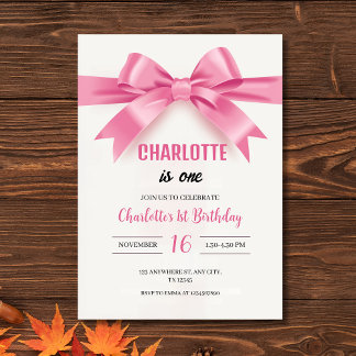 Invitation Elegant Pink Bow "Charlotte is One" First Birthday