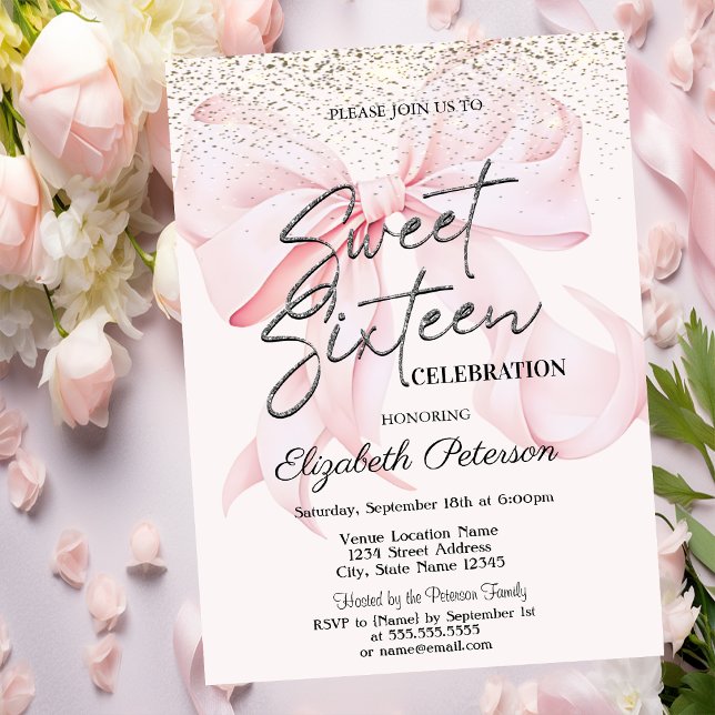 Invitation Elegant Pink Bow Confetti Sweet 16 (Créateur téléchargé)