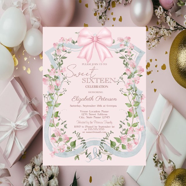 Invitation Elegant Pink Bow Floral Frame Sweet 16   (Créateur téléchargé)
