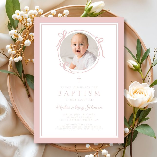 Invitation Elegant Pink Bow Girl Photo Baptism (Elegant Pink Bow Girl Photo Baptism Invitation)