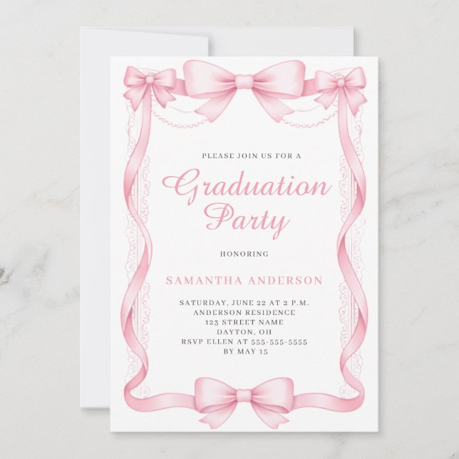 Invitation Elegant Pink Bow Graduation Party (Devant)