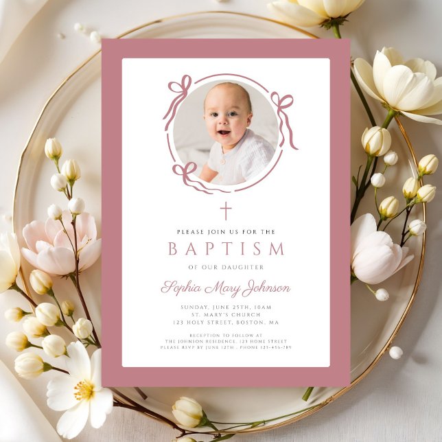 Invitation Elegant Pink Bow Photo Baptism (Elegant Pink Bow Photo Baptism Invitation)
