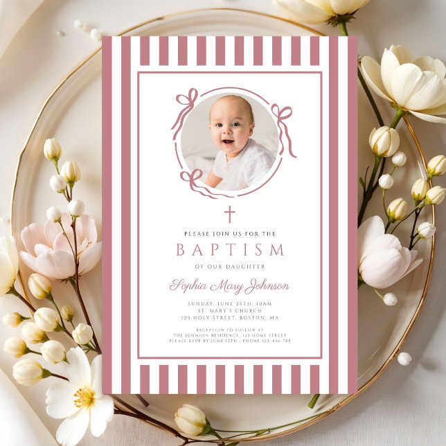 Invitation Elegant Pink Bow Photo Girl Baptism (Elegant Pink Bow Photo Giel Baptism Invitation)