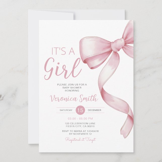 Invitation Elégant Pink Bow thème Girl Coquette Baby shower (Devant)