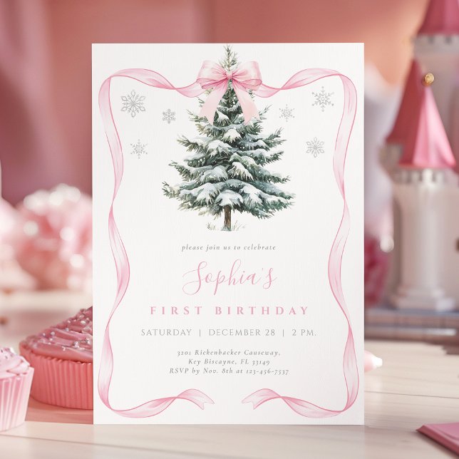 Invitation Elegant Pink Bow Winter Onederland First Birthday (Créateur téléchargé)