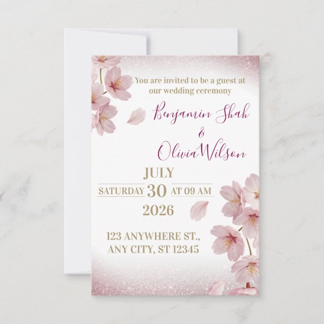 Invitation Elegant Pink Cherry Blossom Glitter Wedding (Devant)