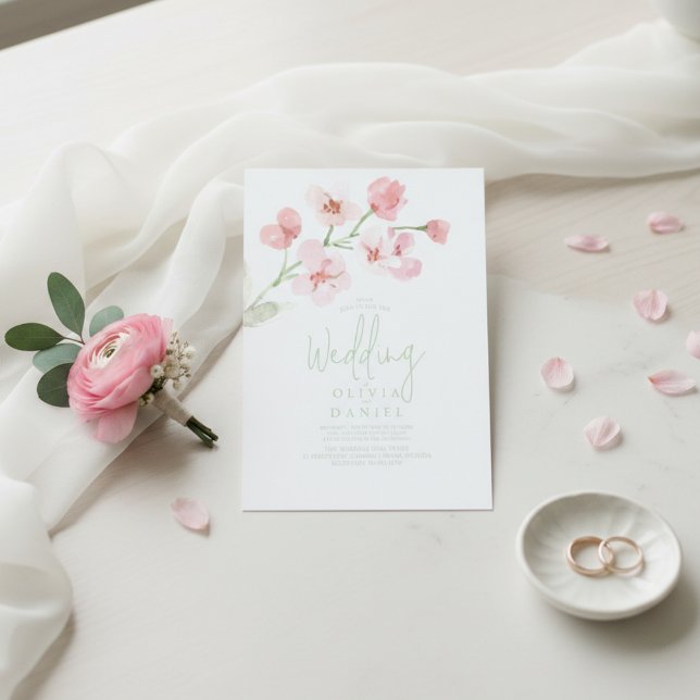 Invitation Elegant Pink Cherry Blossom Watercolor Wedding  (Créateur téléchargé)
