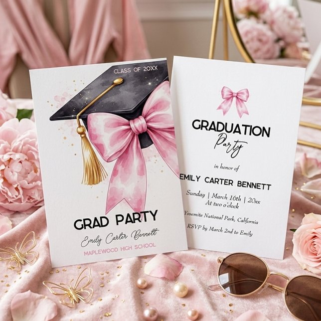 Invitation Elegant Pink Coquette Bow Graduation Hat (Créateur téléchargé)