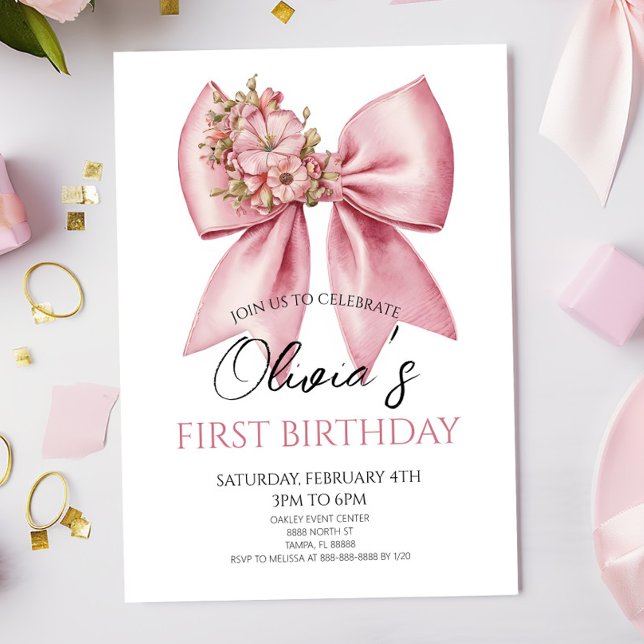 Invitation Elegant Pink Floral Bow Birthday Party (Créateur téléchargé)