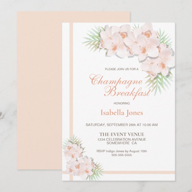Invitation Élégant Pink Floral Champagne Petit-déjeuner (Devant / Derrière)