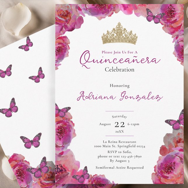Invitation Elegant Pink Floral Crown Quinceanera (Créateur téléchargé)