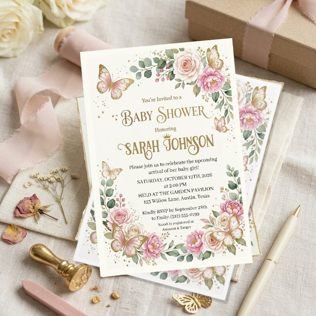 Invitation Elegant Pink Floral & Gold Butterfly  Baby Shower  (Créateur téléchargé)