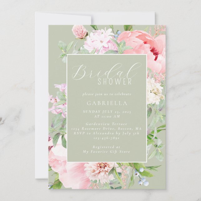 Invitation Elegant Pink Floral Light Sage Green Bridal Shower (Devant)