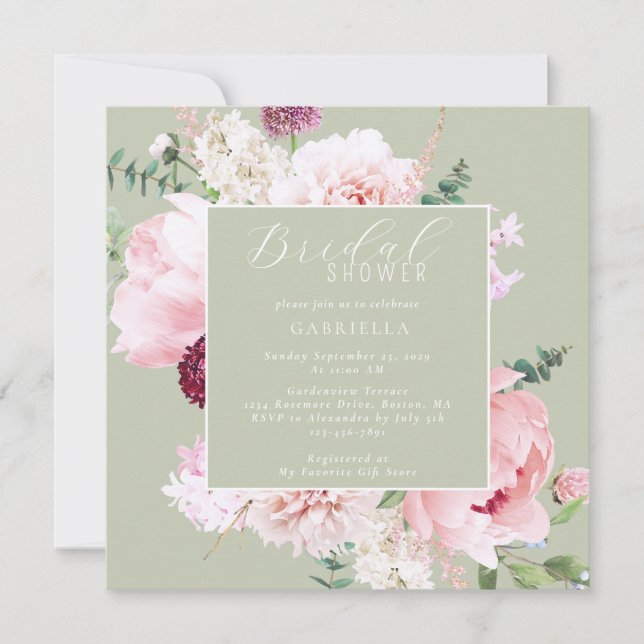 Invitation Elegant Pink Floral Light Sage Green Bridal Shower (Devant)