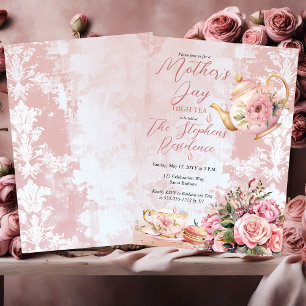 Invitation Elégant Pink Floral Mère's Day High Tea