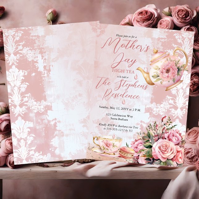 Invitation Elégant Pink Floral Mère's Day High Tea (Elegant Pink Floral Teapot and Tea Cup Mother's Day High Tea Invitation)
