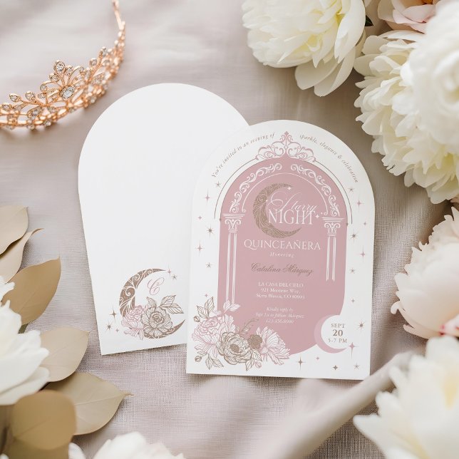 Invitation Elegant Pink Florals Moon Stars Tiara Quinceañera (Elegant Pink Florals Moon Stars Tiara Quinceañera Invitation)