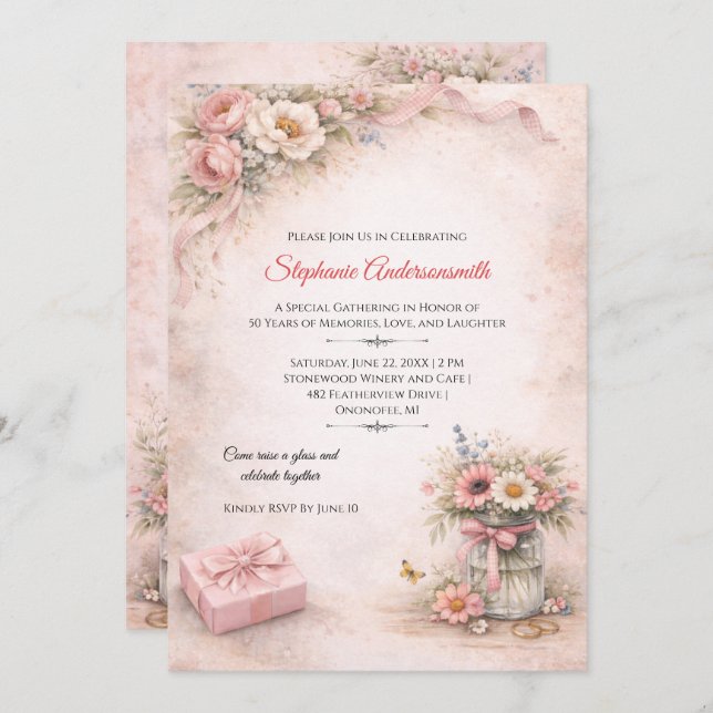 Invitation Elegant Pink Flowers Birthday Party | (Devant / Derrière)