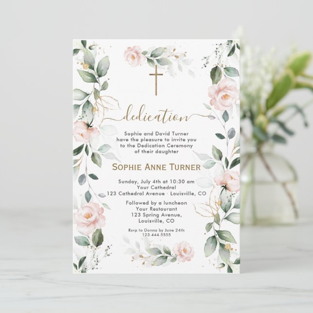 Invitation Elegant Pink Flowers Gold Greenery Dedication (Debout devant)