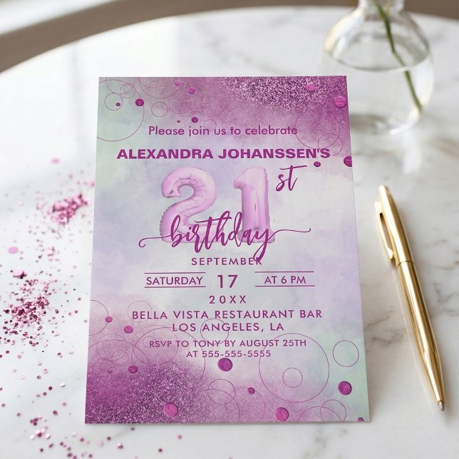 Invitation Elegant Pink Foil Balloon 21st Birthday Party (Créateur téléchargé)
