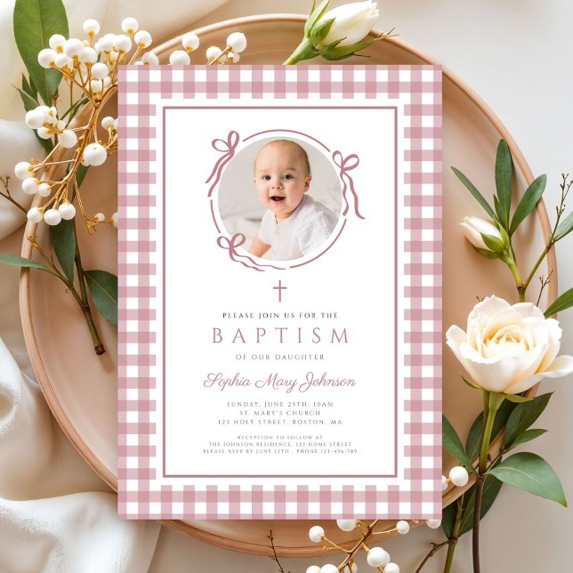 Invitation Elegant Pink Gingham Bow Photo Girl Baptism (Elegant Pink GIngham Bow Photo Girl Baptism Invitation)