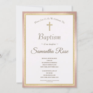 Invitation Elégant Pink Gold Cross Baby Girl Baptism Invitati