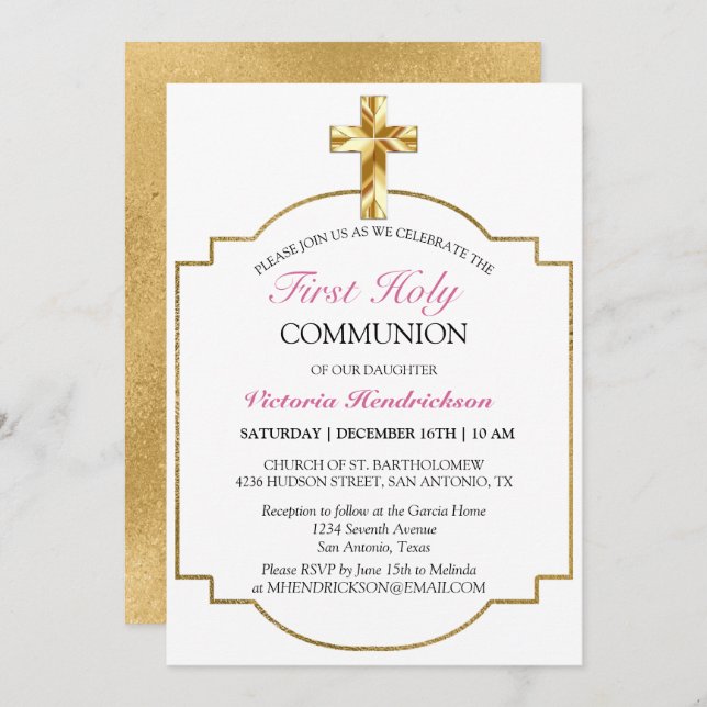 Invitation Elegant Pink Gold Cross First Holy Communion (Devant / Derrière)